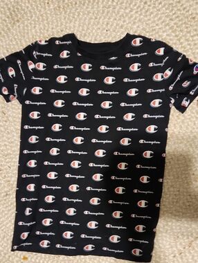 Champion Black Tee with Red & White Logo Print